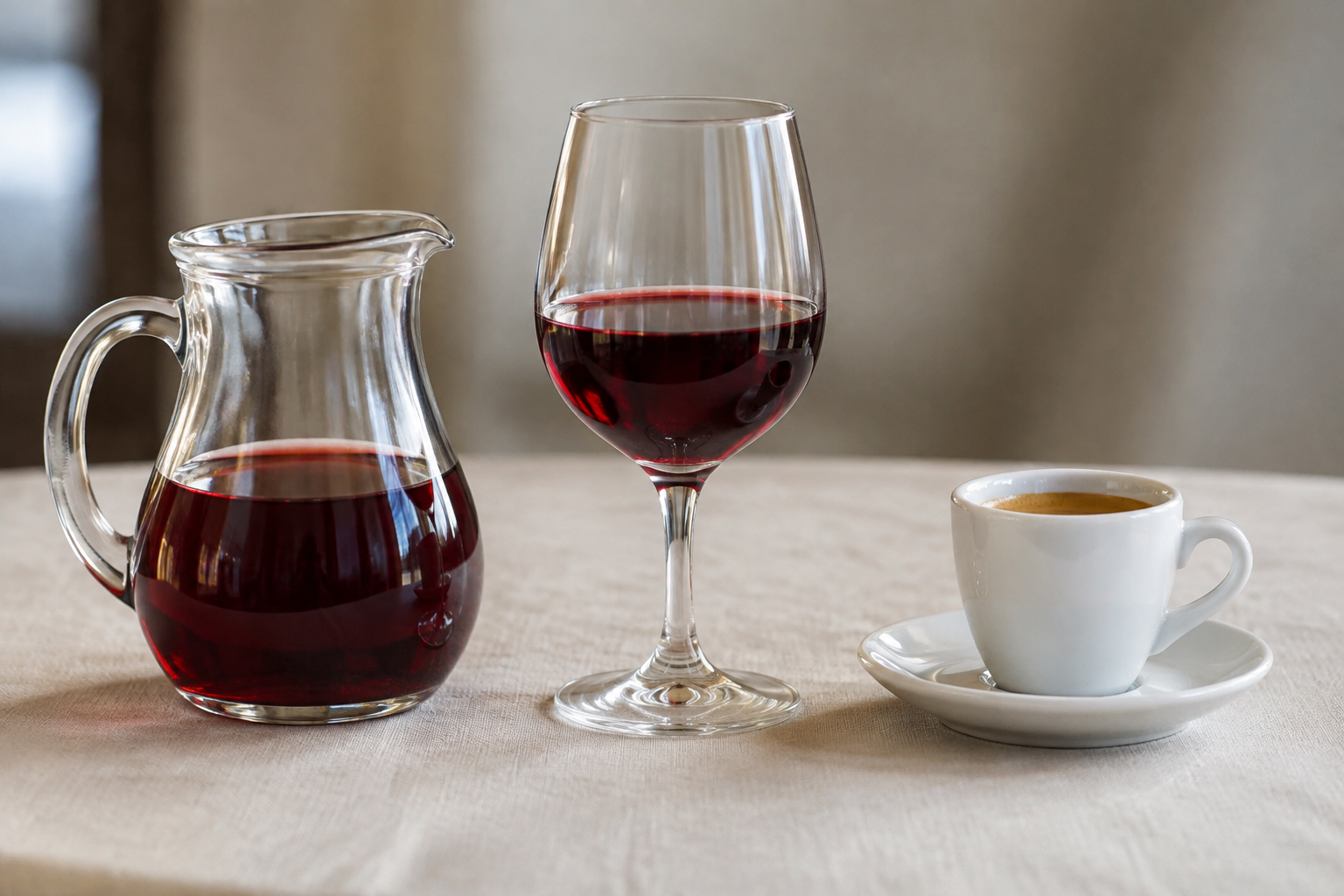 Pichet de vin rouge, verre à vin et tasse de café sur une table