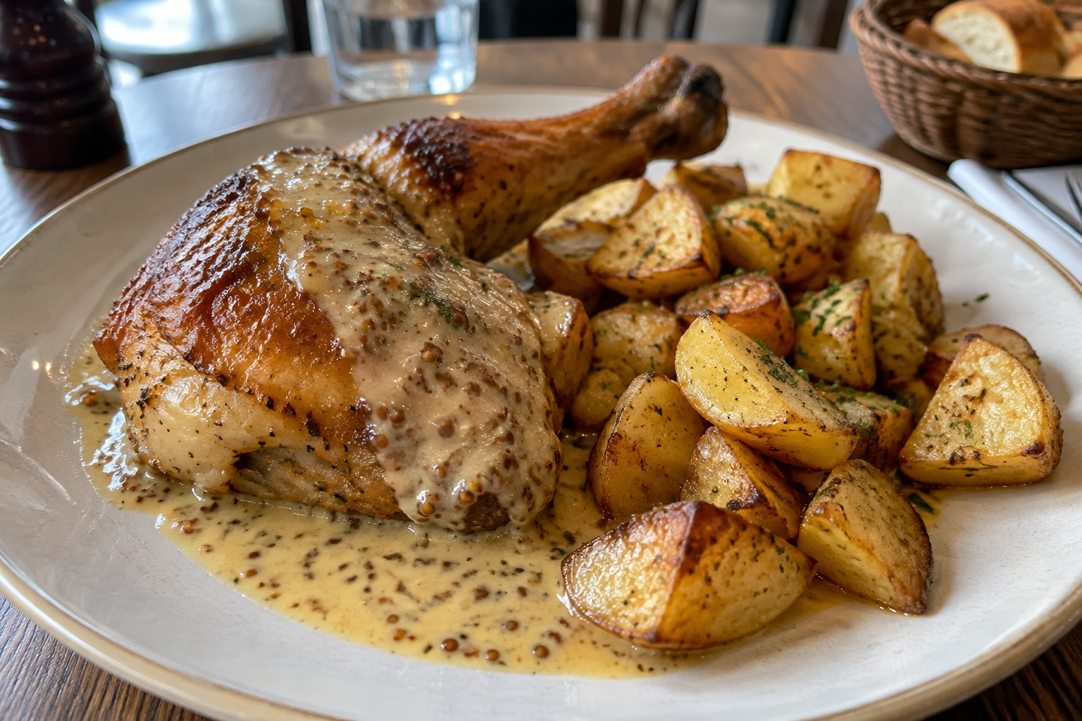 Cuisse de poulet rôtie, sauce à la moutarde à l’ancienne et pommes de terre sautées